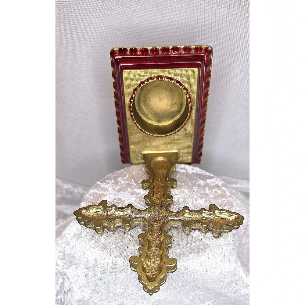 Red And Gold Rhinestone Handcrafted Cross, Tea-light Holder Stunning 5 1/2